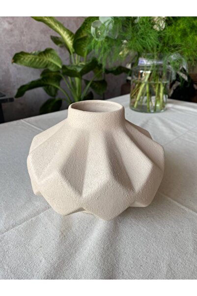 Kalya Concept Dekoratif Geometrik Ortaboy Beyaz Seramik Vazo 20 cm - Modern D...