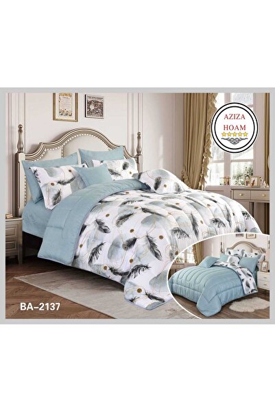 FABRIC A 6-piece floral double duvet set in sky blue with calming feather pat...