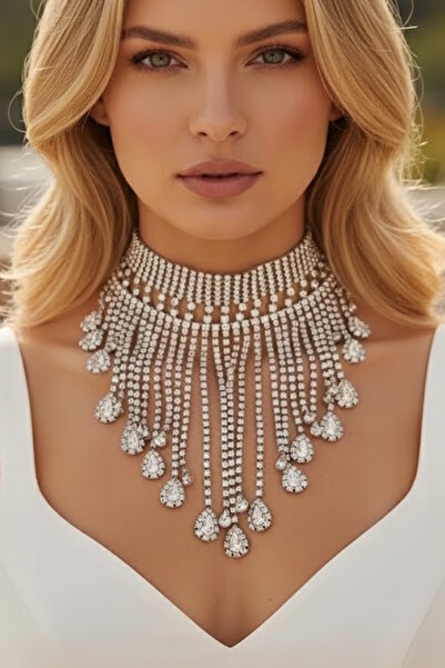 CAŞ DEKORASYON Silver Color Stone Evening Dress Necklace
