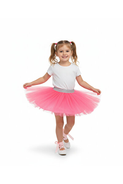 Dudese Kız Çocuk Neon Pembe Tütü Etek Simli Gümüş Bel Detaylı