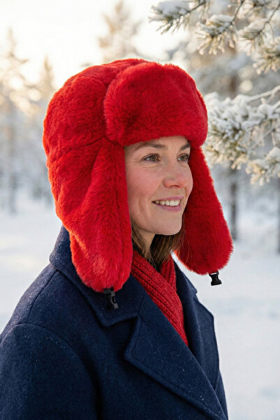 Kapin Suni Kürk Kırmızı Peluş Şapka - Kulaklı Pliot Şapka