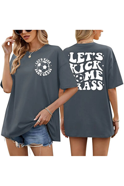 OEM Дамска лятна тениска, сива с принт, 2XL