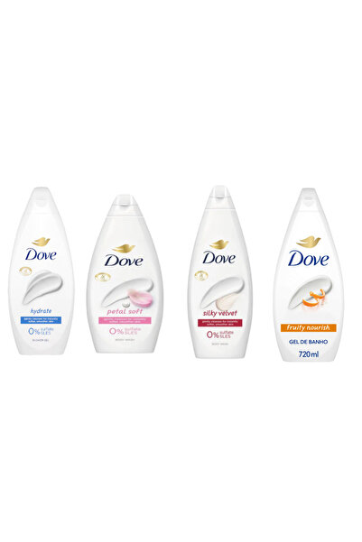 Dove Pack of 4 Shower Gels 720 ml – Mix of Fragrances: Hydrate, Petal Soft, Silky Velvet, Fruity Nourish