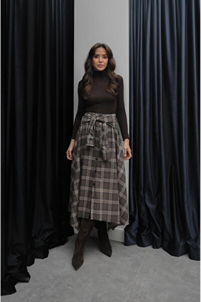 Havoş Brown Plaid Skirt with Tie Detail
