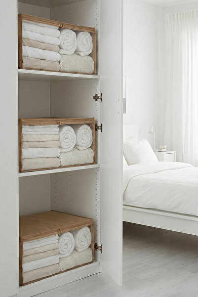 REKHOME 3 Adet Orta Boy Bej Pencereli Baza Altı Kazak Pike Battaniye Giysi Kıyafet Hurcu / 52x28x21