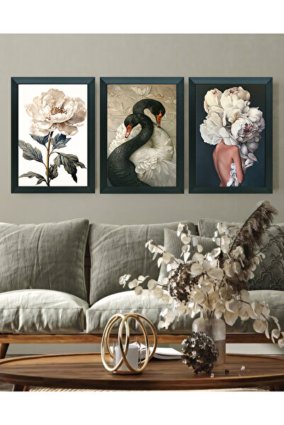 Koi Art Design Şakayık Temalı Çerçeveli 3 Parçalı Yüksek Kalite UV Baskılı Ta...