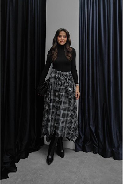 Havoş Gray Plaid Skirt with Tie Detail
