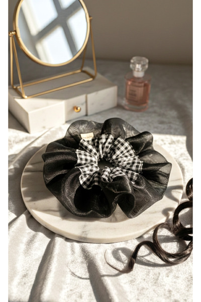 Mufincollection Black Organza & Plaid Pattern Large Scrunchie Hair Tie – Ever...