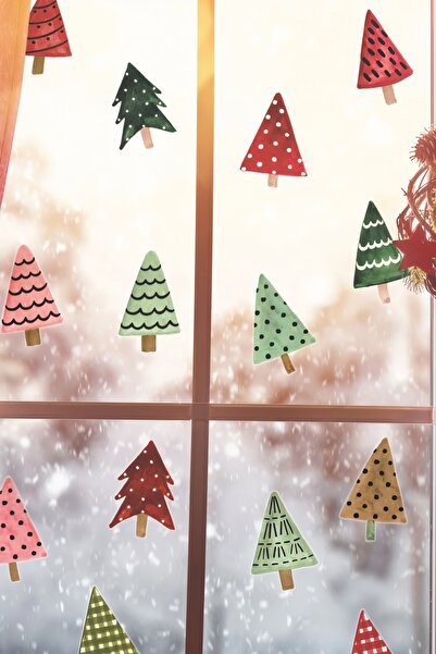 Grafikup New Year Trees Glass Wall Sticker Set - Christmas Ornament Decor Set