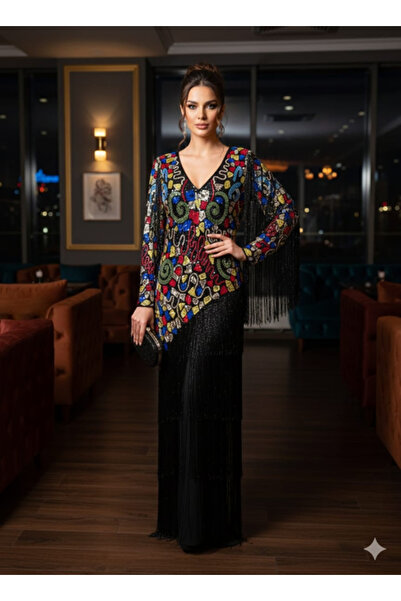 Zeyn KADIN ABİYE KASNAK İŞ BONCUK VE SAÇAK DETAYLI UZUN ELBİSE