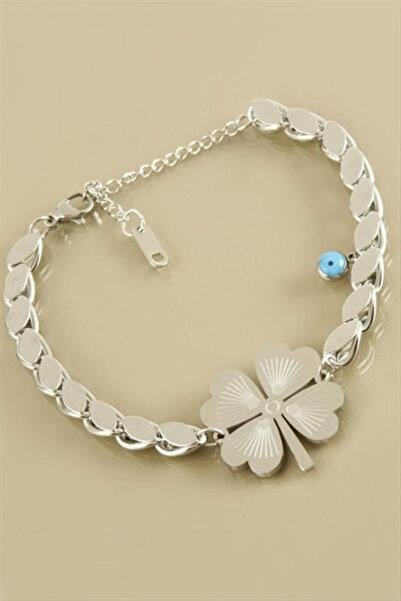AKSESUARIM Women's Barley Chain Clover Detailed Steel Bracelet