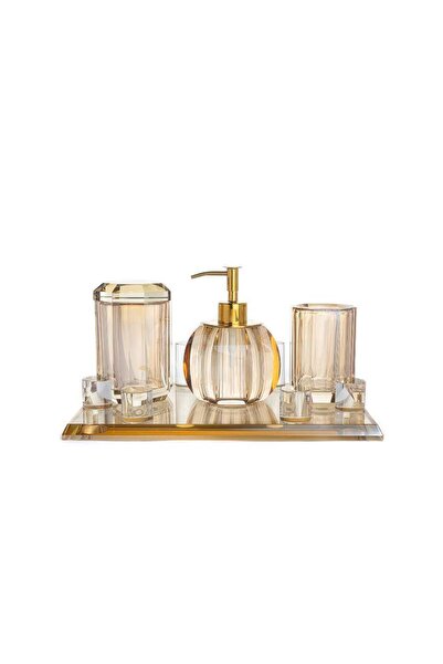 ozbience Şampanya Renkli Cam Banyo Seti, 4 Parça, 30x21cm, Şık ve Kullanışlı