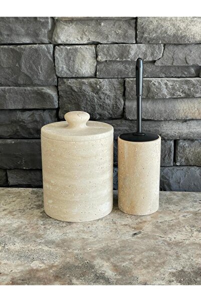 ozbience Traverten Doğal Taş Çöp Kovası ve WC Fırçalığı Seti, Mat Siyah Fırça