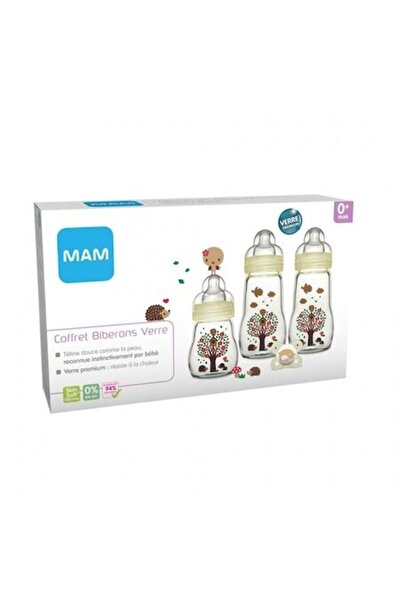 MAM Set de 3 biberoane de sticlă și suzetă, 1x170 ml, 2x260 ml, 0+ luni, Tran...