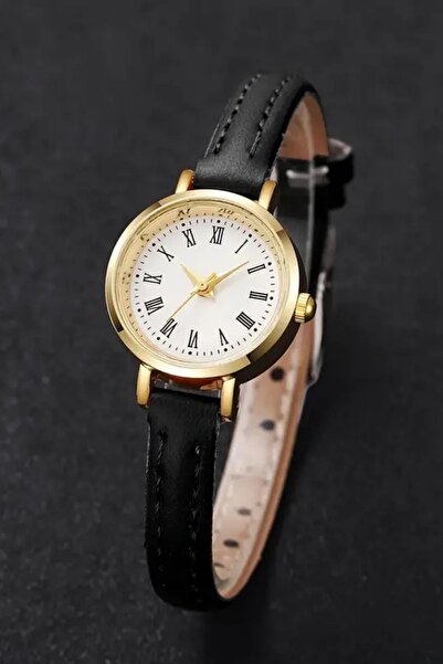 thekam Black Vintage Women's Wristwatch / Retro Minimal Stylish Black Leather Cord Women's Wristwatch