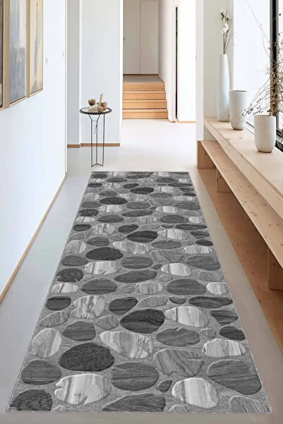Suare Concept Gri 3D Taş Özel Ölçülü Kaymaz Tabanlı Rulo Yolluk Hol Antre Mutfak Halısı VH122