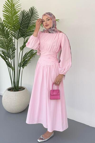 Taba Balon Kol Kuplu Bel Detaylı Poplin Tesettür Elbise