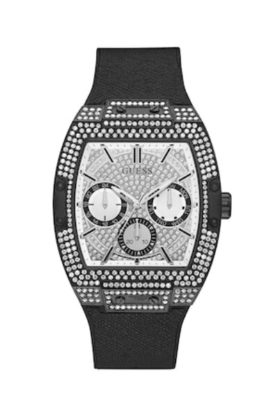 Guess watch with leather strap, decorated with crystals, Black