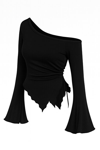 fantastik store Дамска черна блуза с дълги испански ръкави, асиметричен яка и...