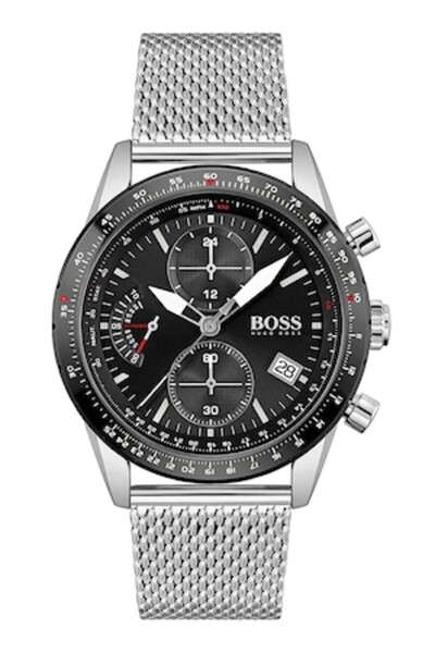 BOSS Chronograph watch with mesh-pattern strap, Silver/Black