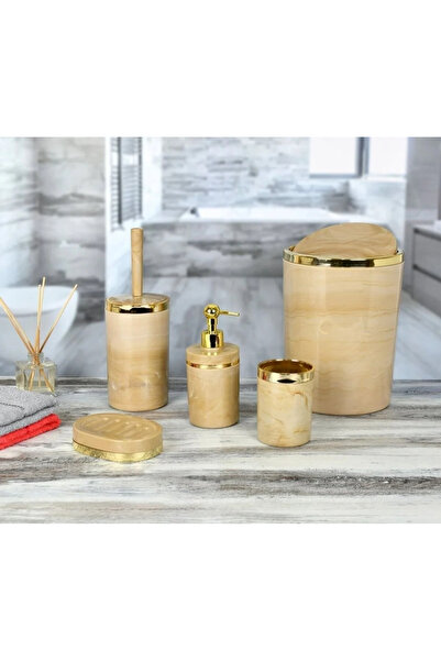 ozbience 5 Parça Akrilik ve Mermer Desenli Banyo Seti, Krem-Gold Bej Renk
