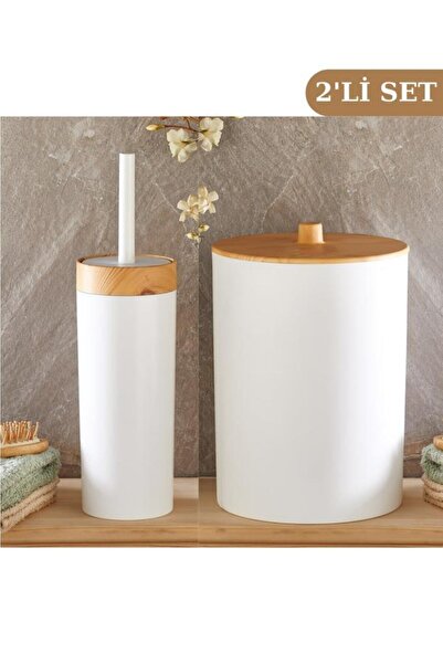 ozbience Bambu Desenli Çöp Kovası ve Klozet Wc Fırçası 2'li Set Beyaz