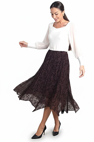 By Saygı Women's Elastic Waist Lined Flock Print Patchwork Midi Skirt