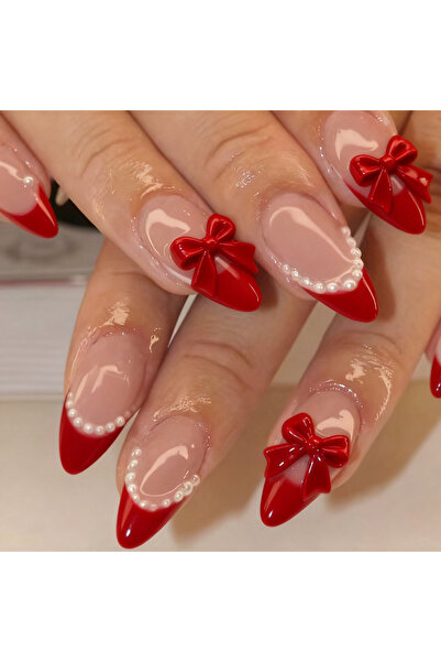 Choice أظافر صناعية فرنسية لوزية حمراء، 24 قطعة، بتصميم فيونكة حمراء ولؤلؤة ب...