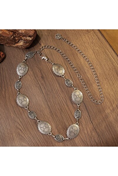 Choice حزام سلسلة فضي أنيق من قطعة واحدة بتصميم بوهو مجوف باللونين الفضي والذ...