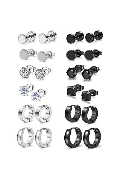 Choice DM8-type21 1-12 Pairs Popular Black And Silvery Stud Earrings Set, Sta...