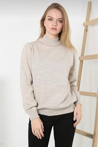 İntive Lingerie Women's Beige Long Sleeve Turtleneck Basic Knit Sweater