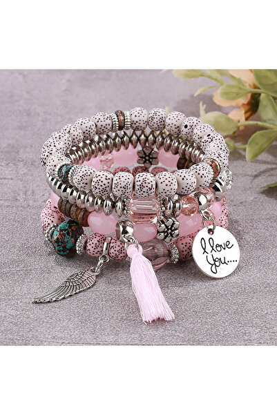 Choice BR139-7 طقم أساور نسائية بوهيمية مكون من 4 قطع مزينة بشراشيب وردية الل...