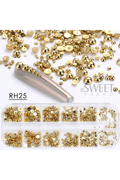 Choice RH25 12 شبكة فضية ذهبية لؤلؤية زينة أظافر بأحجام مختلفة مسطحة الظهر نص...