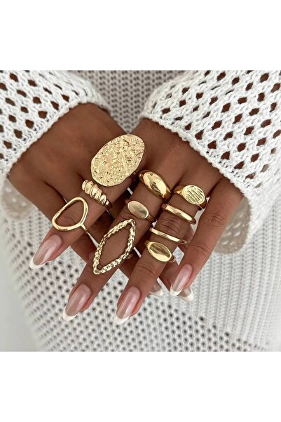 Choice مجموعة من 10 خواتم مفتوحة ناعمة غير منتظمة بلون ذهبي من IngeSight.Z للنساء بتصميم هندسي عتيق