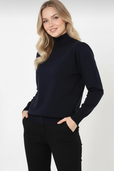 minenka Women's Black Long Sleeve Turtleneck Basic Knit Sweater