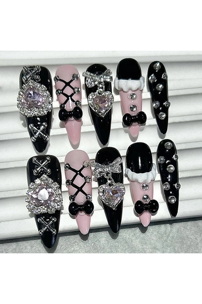 Choice أظافر لوليتا-XS سوداء وردية اللون مصنوعة يدويًا بلون اللوز الفرنسي الح...