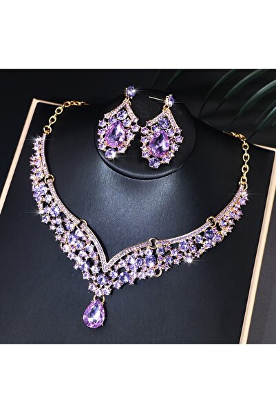 Choice YF1130-2 طقم أقراط وقلادة فاخر متلألئ للنساء على شكل قطرة ماء مرصعة بأ...