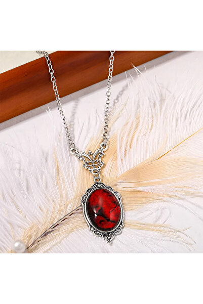 Choice XL5458 قلادة من الحجر الأحمر العتيق للنساء بلون الثور الفضي، حجر معدني...