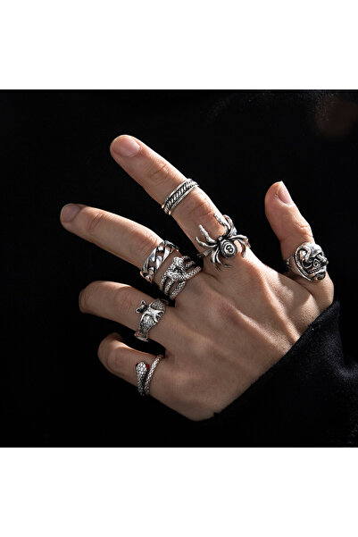 Choice J0667 7 قطع/مجموعة خاتم إنفينيتي بتصميم جمجمة وعنكبوت مستوحى من موسيقى الهيب هوب القديمة، بتصميم عصري داكن، على شكل ثعبان معدني شخصي مبتكر