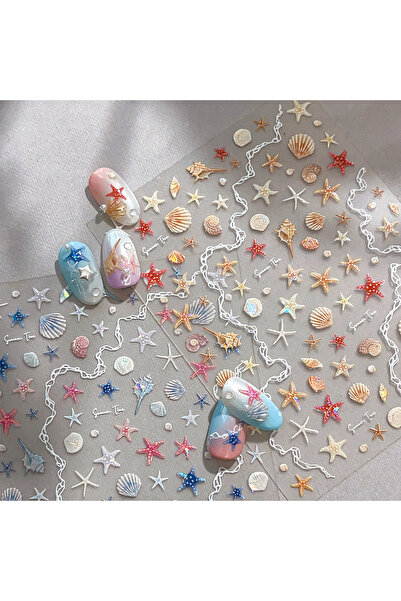 Choice ملصقات أظافر على شكل نجم البحر على شكل صدفة مضيئة قطعتين ملصقات أظافر على شكل نجم البحر لطيفة ملصقات زخرفية للأظافر DIY 3D Sel