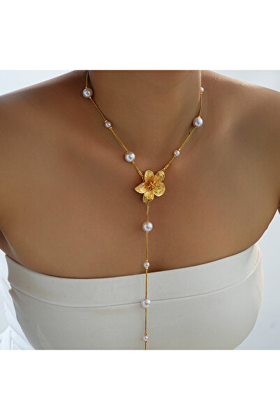 Choice AYAGold1 قلادة أنيقة طويلة من اللؤلؤ الصناعي للنساء مع قلادة من الخرز ...