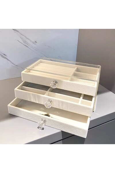 Choice صندوق مجوهرات من الفلانل عالي السعة باللون البيج (3 طبقات) - مثالي لتخ...