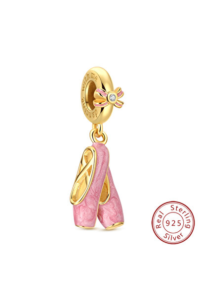 Choice KTC367-GD سحر أصلي 925 فضة إسترليني ذهبي حذاء باليه فيونكة ملاك قلب صل...