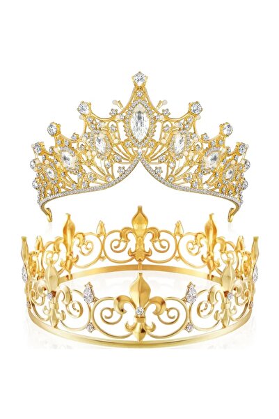 Choice 2 تاجين قطعتين من تيجان الملكة الباروكية للرجال والنساء، شعر الأمير والملكة المصنوع من سبائك الزنك مع أحجار كريمة