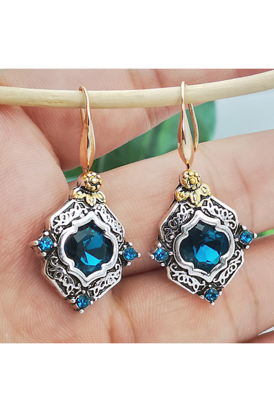 Choice أقراط E684 مربعة عتيقة من الحجر الأزرق للنساء من بوهو بنقشة زهور عرقية...