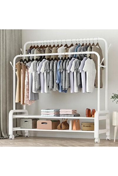 HayaBazaar Metal Clothes Hanger with Wheels, 150 cm x 57 cm x 110 cm Size, White