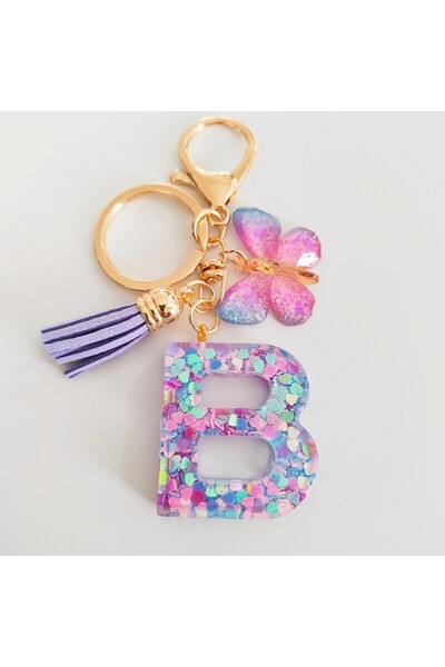Choice سلسلة مفاتيح حرف B على شكل فراشة أنيقة مع غراء منقوع ومزيج من الترتر س...
