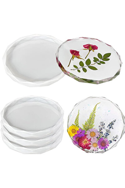 Choice قوالب كوستر من الراتينج باللون الأبيض، 4 قوالب كوستر من الكريستال بحافة مصبوبة من الراتينج، قالب دائري هندسي