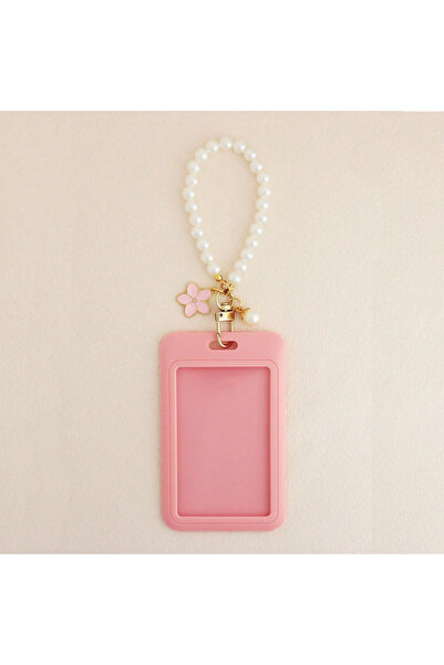 Choice سلسلة مفاتيح وردية لطيفة من اللؤلؤ مع حامل بطاقة هوية وحافة معدنية وإك...