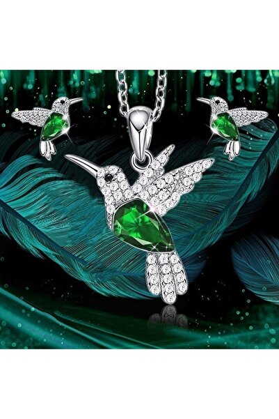 Choice مجموعة مجوهرات A7751-Green Hummingbird، سلسلة مطلية بالفضة، أقراط مرصع...